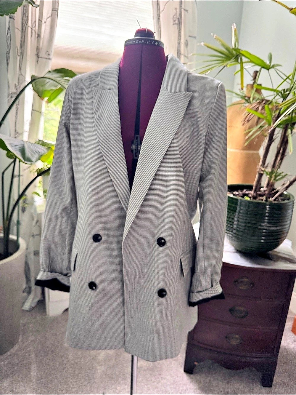 Rachel Zoe Houndstooth Double-Breasted Blazer Gray & White Large